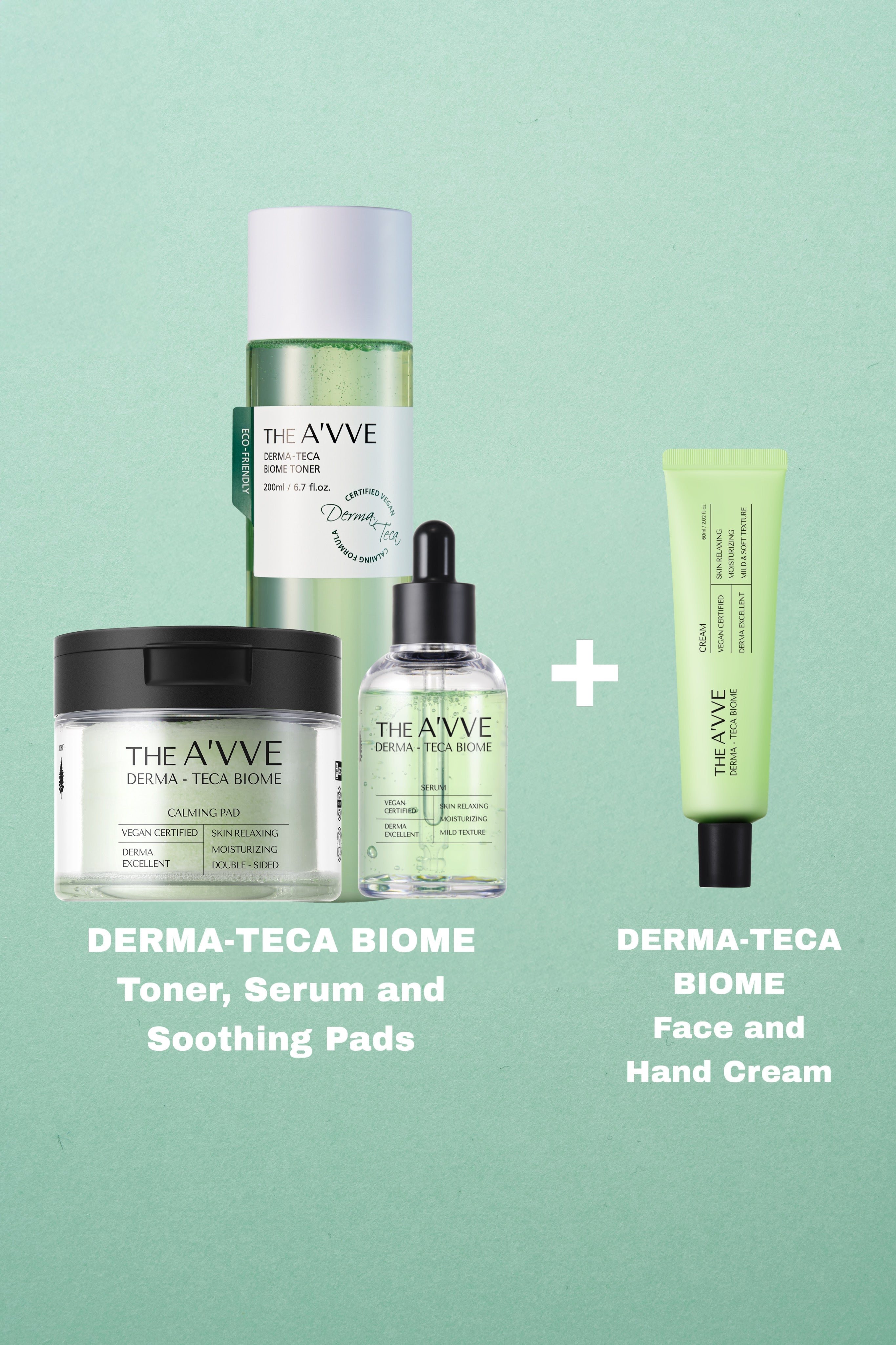 DAS A'VVE 3+1: Kaufen Sie 3x vegane DERMA_TECA BIOME-Produkte, erhalten Sie 1x Gesichtscreme kostenlos.