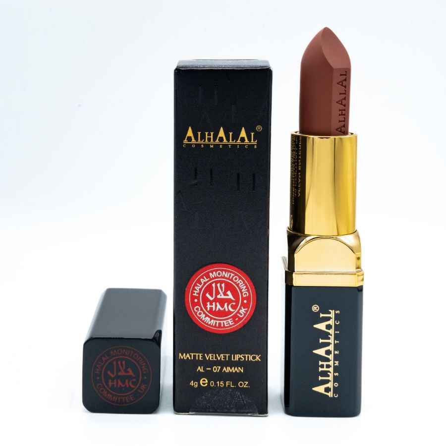 Alhalal Cosmetics LIPPESNTIFT BROWN matte Velvet Lipstick mit goldener Hülle und schwarzer Verpackung