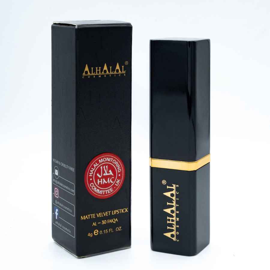 Alhalal Cosmetics matter Velvet brauner Lippenstift in schwarzer Verpackung mit goldenen Details
