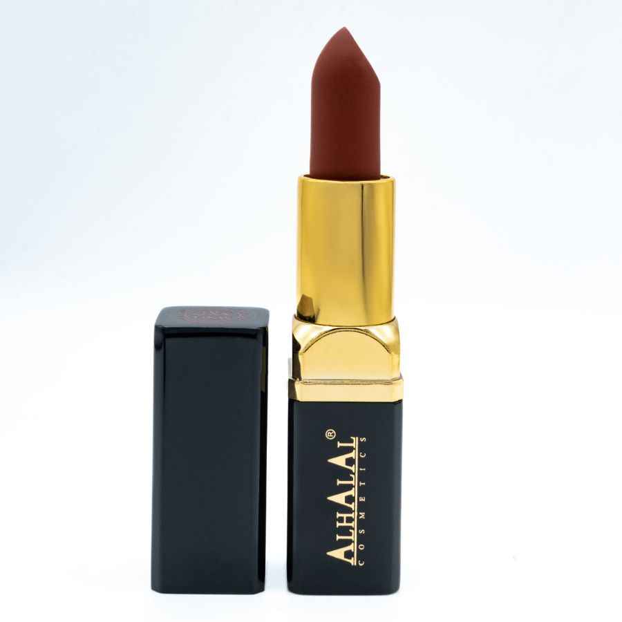Alhalal Cosmetics Samtlippenstift in braun-orangefarbenem Farbton mit goldenem und schwarzem Etui