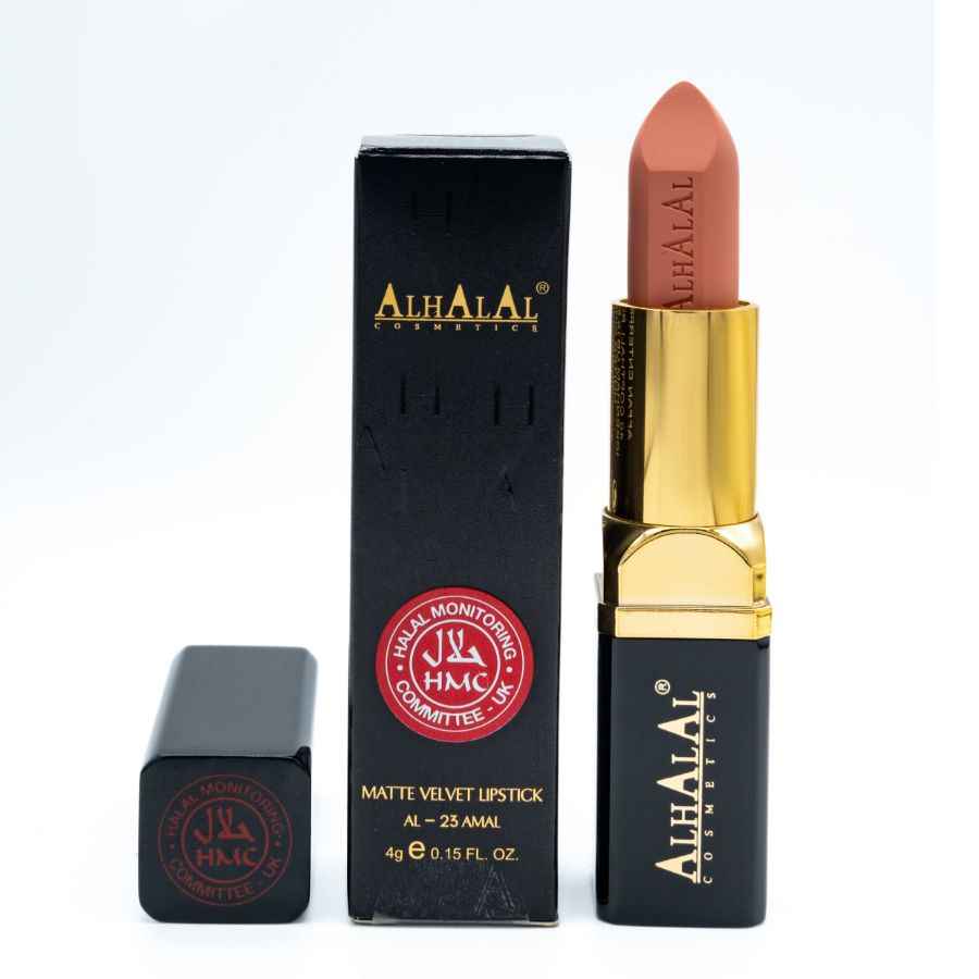 Brauner matter Samt-Lippenstift von Alhalal Cosmetics mit goldener Hülle und schwarzer Verpackung