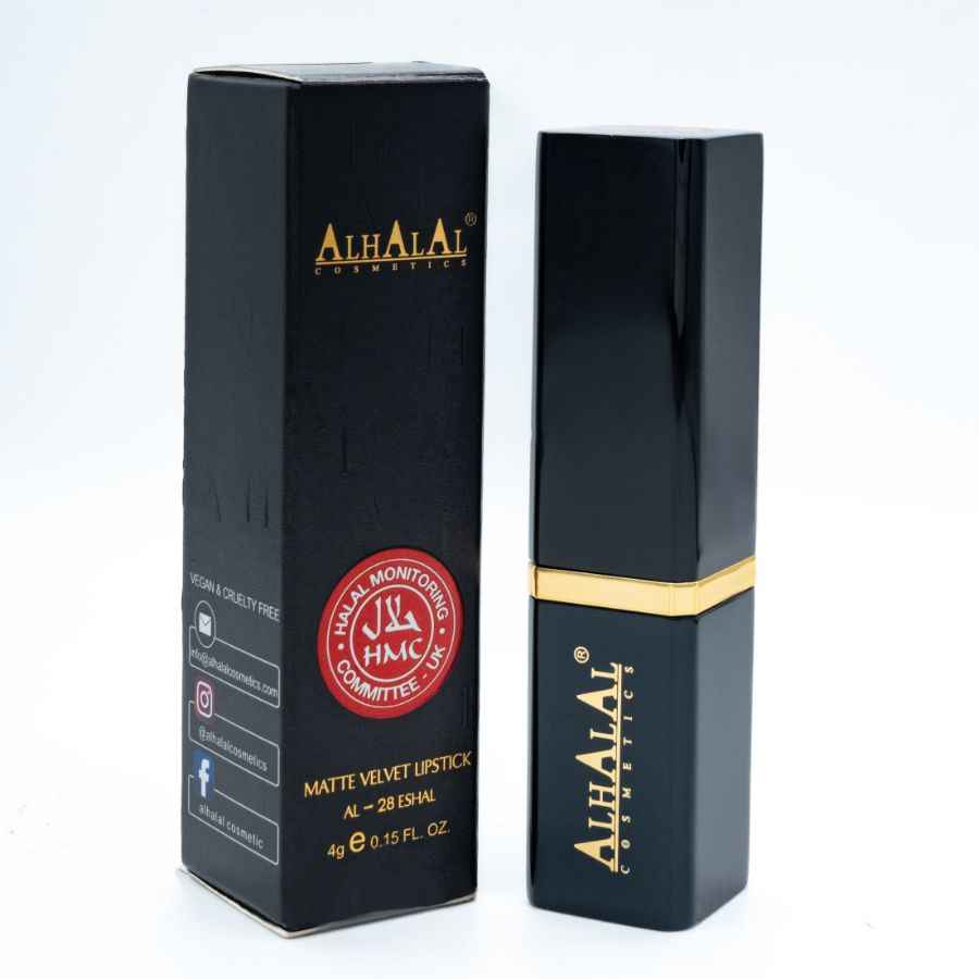 Alhalal Cosmetics matte VELVET LIPSTICK in schwarzer Hülle mit goldenem Akzent und Verpackung