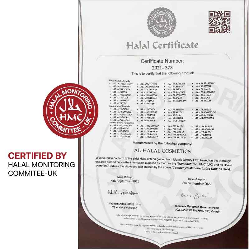 Kaufen Sie ein Halal-Zertifikat für Alhalal Cosmetics Samtlippenstift mit Genehmigung des Halal Monitoring Committee UK