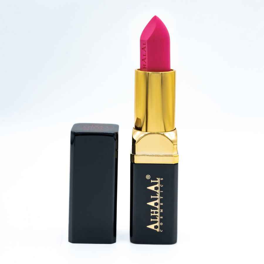 Alhalal Cosmetics Velvet Lipstick Rot in schwarzer und goldener Verpackung