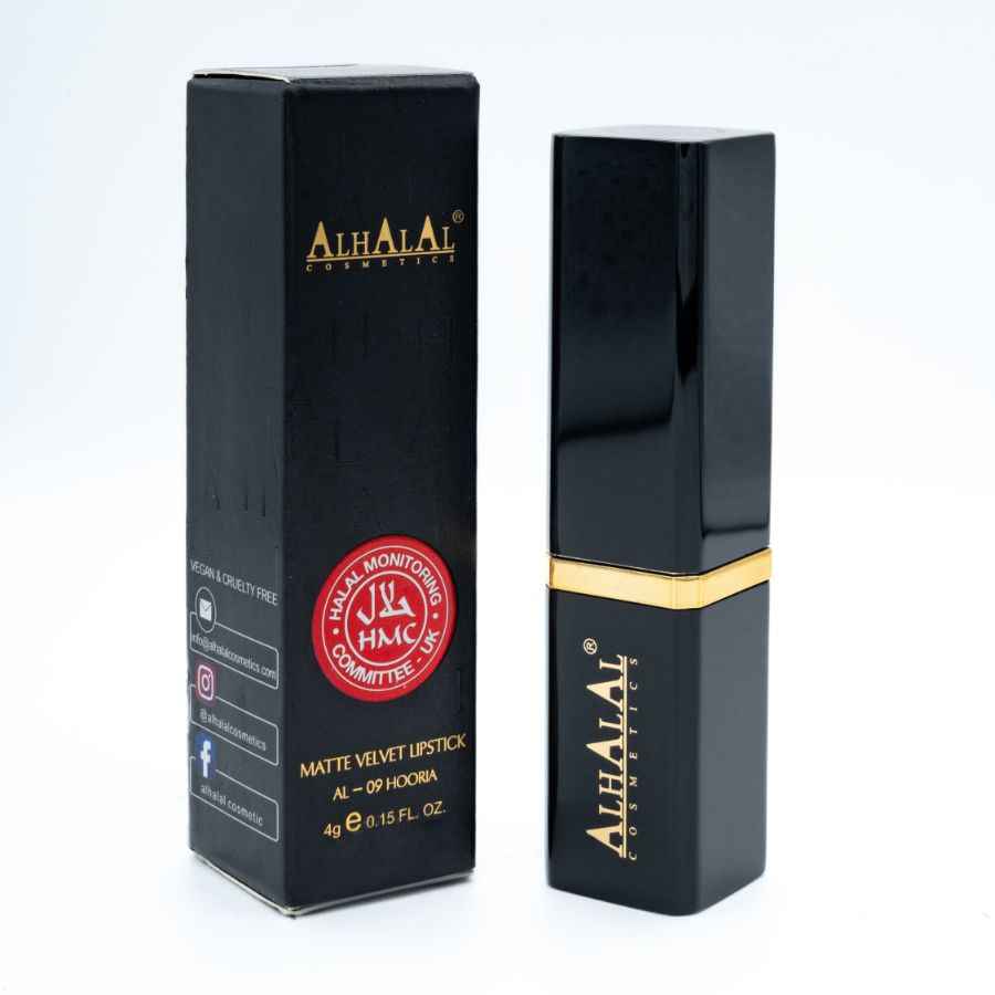 Alhalal Cosmetics matte Velvet Lippenstiftverpackung und Case schwarz gold, oranger Lippenstift