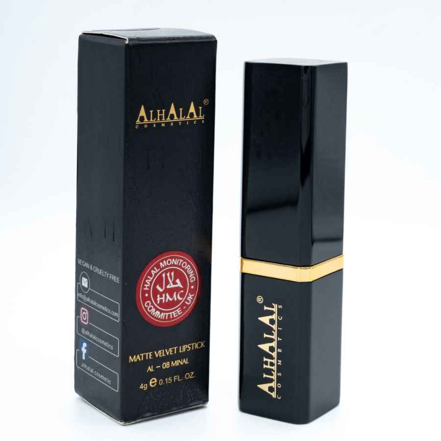 Alhalal Cosmetics schwarzer matter Samt-Lippenstift mit goldenen Akzenten und OLD LIPSTICK-Branding