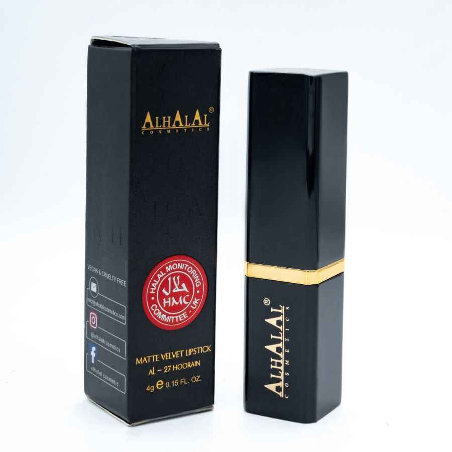 PURPLE LIPSTICK von Alhalal Cosmetics in einer matten Samtverpackung mit Halal-Zertifikat