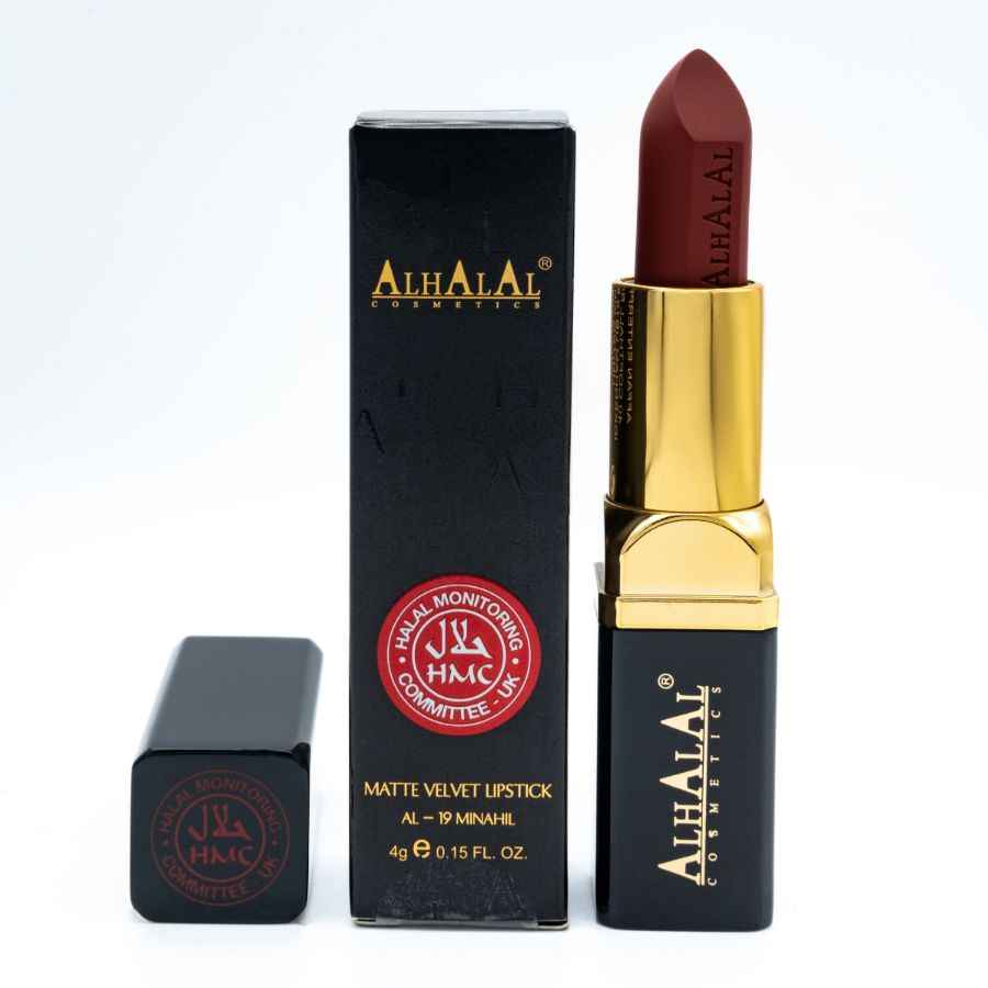 Alhalal Cosmetics matter samtroter Lippenstift in schwarzer und goldener Verpackung