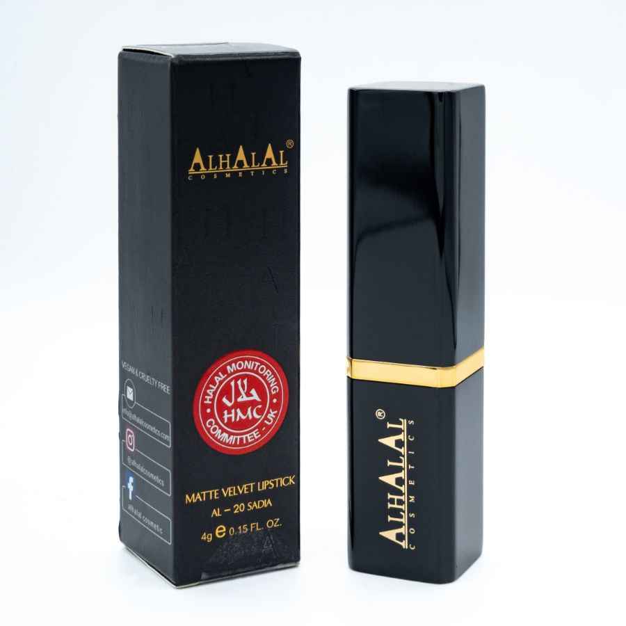 Alhalal Cosmetics Samt-Lippenstift in schwarzer Verpackung mit der Farbe rot-rosa Lippensib