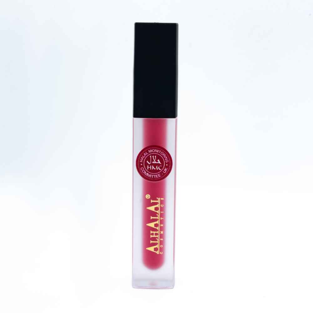 Alhalal Cosmetics flüssiger Lippenstift in einer matten transparenten Flasche mit schwarzem Deckel