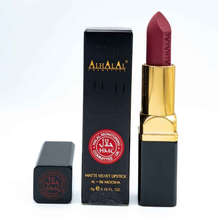 Alhalal Cosmetics matte velvet wine Lippensib in tiefroter Farbe mit schwarzer und goldener Verpackung