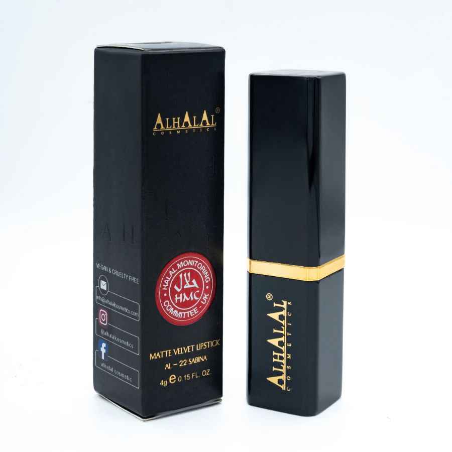 Alhalal Cosmetics matter Samtlippenstift in schwarzer Verpackung mit weichbrauner Lippenstiftfarbe